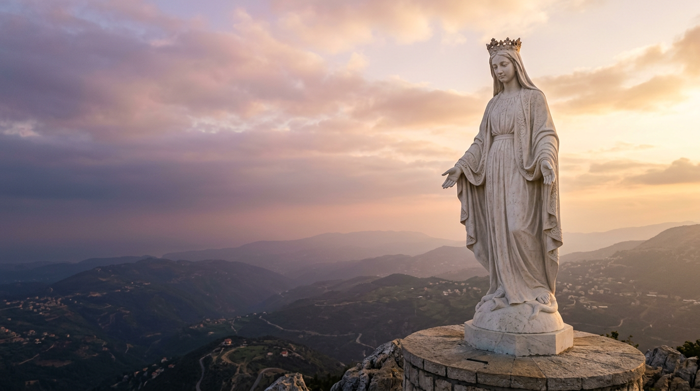 Our Lady of Lebanon — A dignified white statue of the Virgin Mary with arms extended against a golden sky